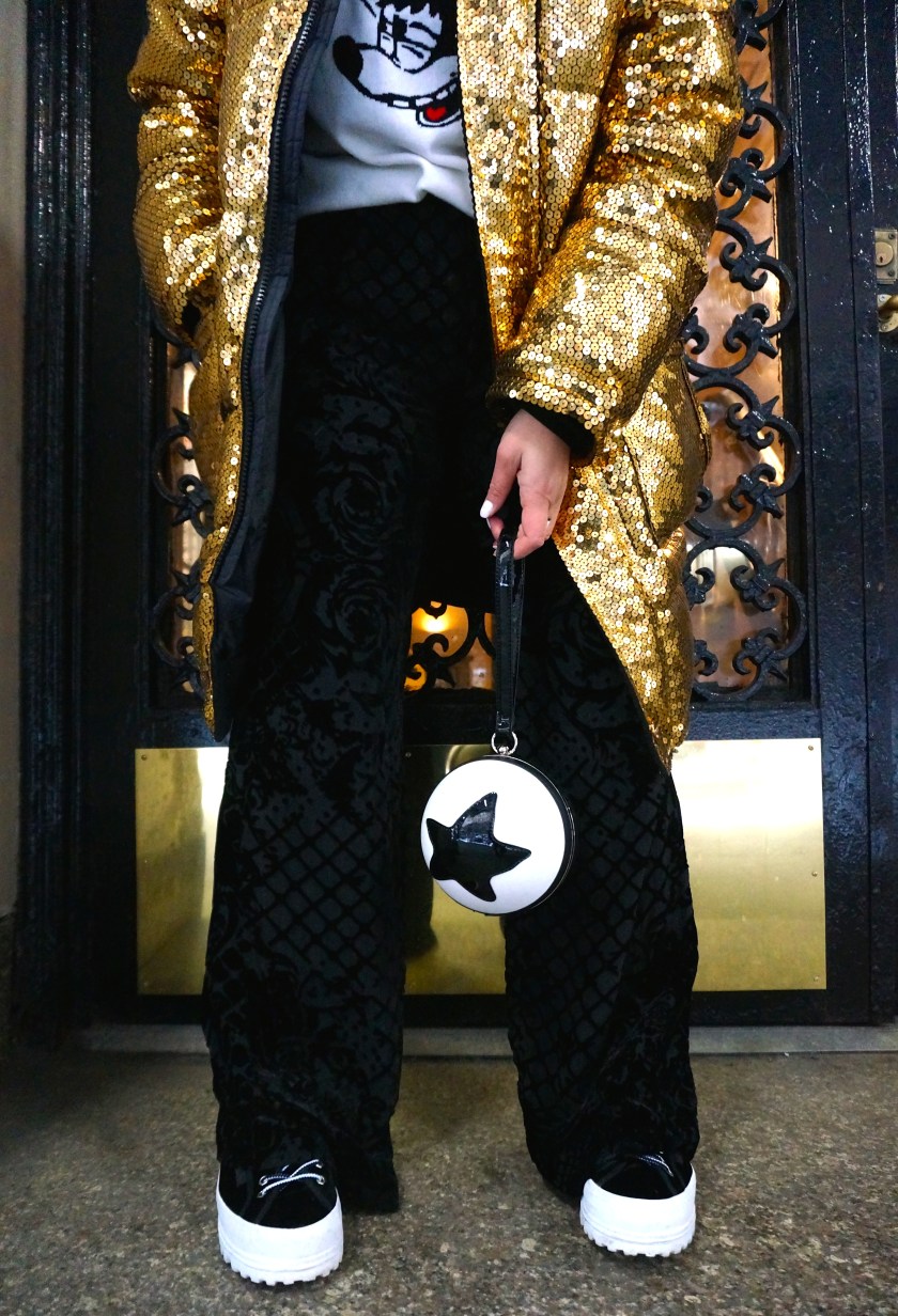 Disney Style NYFW Moschino H&M gold sequin jacket parka Mickey Forever 21 F21 Pixar bag