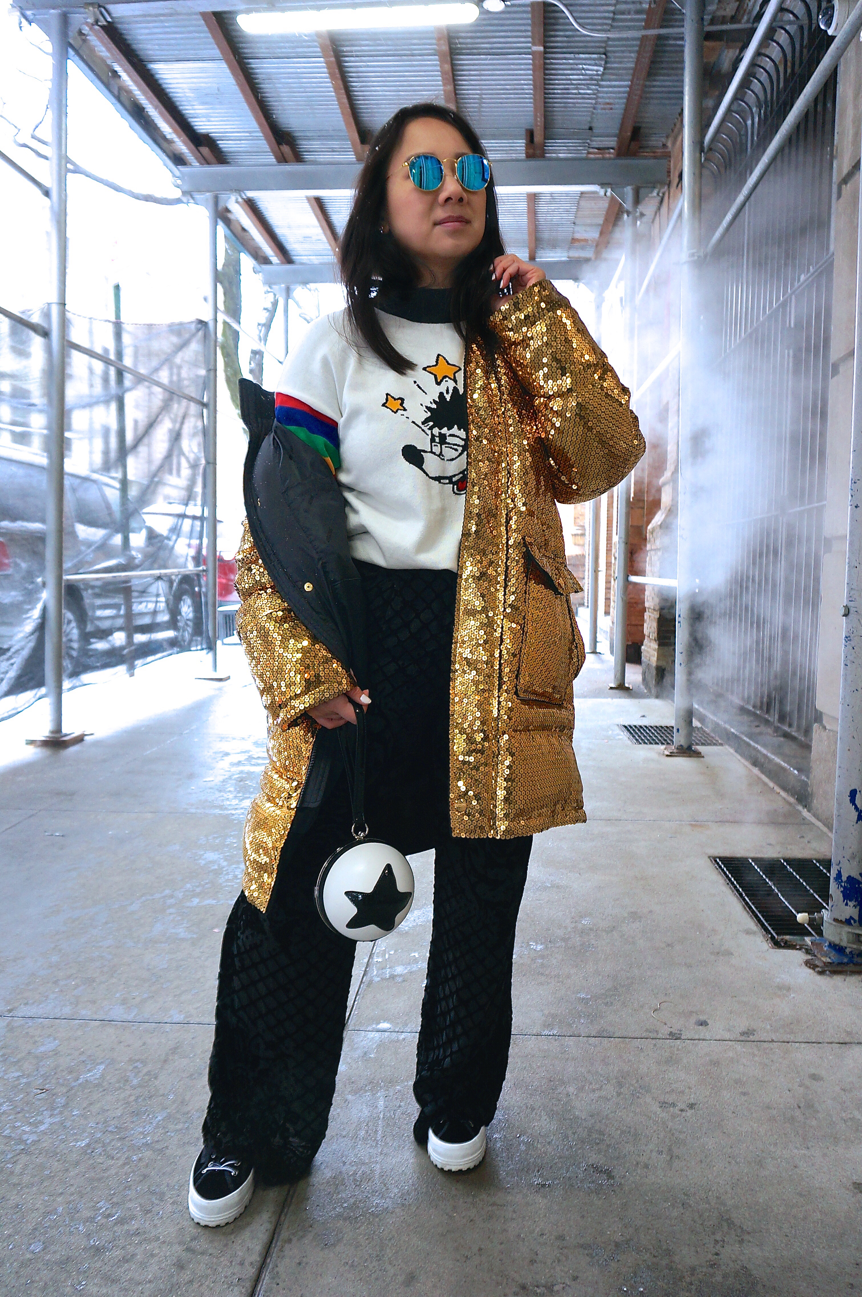 Disney Style New York NYFW H&amp;MxMoschino gold sequin parka Forever 21 Mickey sweater Pixar purse