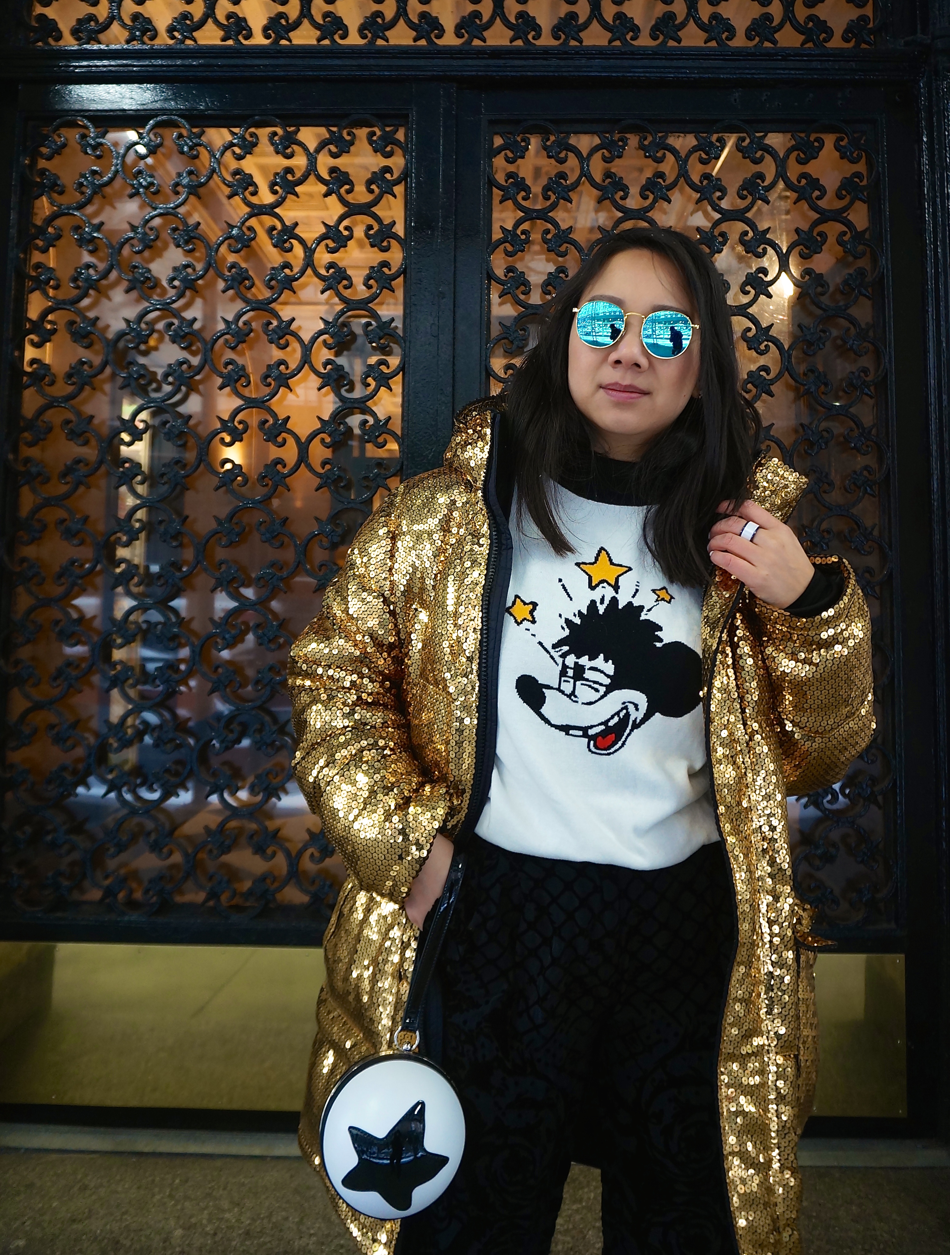 Disney Style New York NYFW H&MxMoschino gold sequin jacket Forever21 Mickey sweater Pixar ball purse